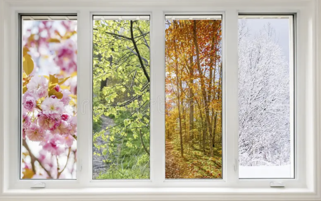 Seasonal transitions viewed through a window representing emotional cycles and regulation in Chinese medicine