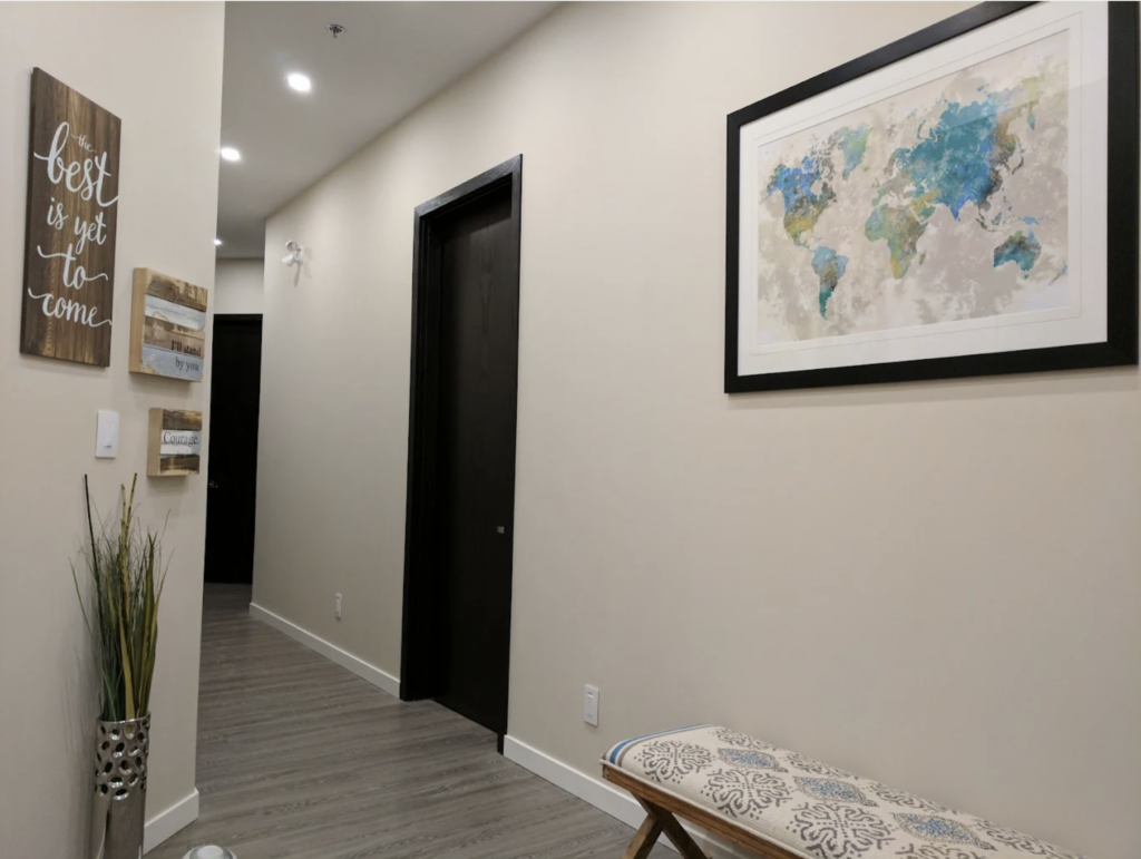 Clinic hallway at our Langley wellness clinic with a calm and professional atmosphere